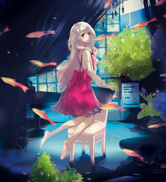 Anime picture 1200x1317 with vocaloid ia (vocaloid) somei single long hair tall image looking at viewer blue eyes white hair braid (braids) looking back barefoot kneeling girl skirt flower (flowers) chair fish (fishes)