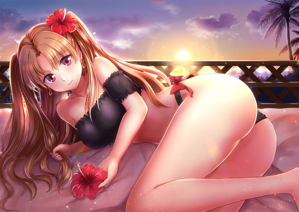 Anime picture 1468x1044 with fate (series) fate/grand order ereshkigal (fate) kabosu (anna neji) single long hair looking at viewer blush fringe breasts light erotic blonde hair red eyes bare shoulders sky cloud (clouds) ass lying hair flower two side up