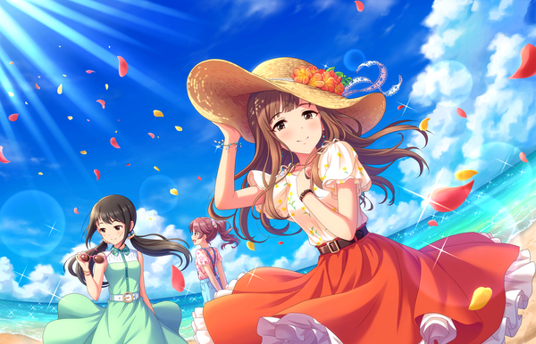 Anime picture 1280x824 with idolmaster idolmaster cinderella girls idolmaster cinderella girls starlight stage mizumoto yukari nakano yuka shiina noriko long hair looking at viewer blush short hair open mouth black hair brown hair twintails multiple girls sky cloud (clouds) sunlight orange hair side ponytail