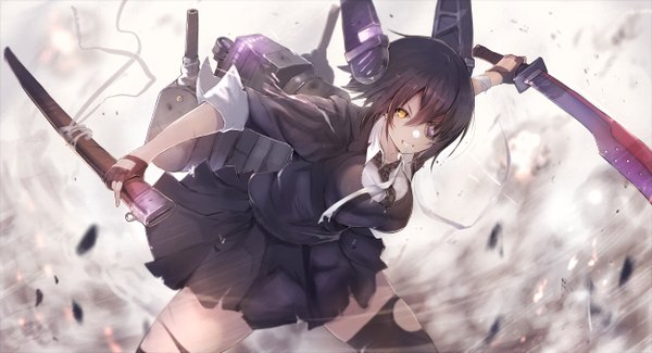 Anime picture 2500x1355 with kantai collection tenryuu light cruiser sumisu (mondo) single looking at viewer highres short hair breasts open mouth black hair smile wide image large breasts standing holding yellow eyes pleated skirt leaning leaning forward torn clothes