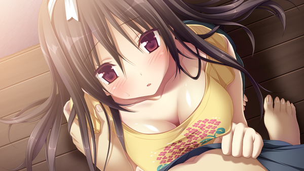 Anime picture 1280x720 with amatsutsumi purple software oribe kokoro long hair blush breasts open mouth light erotic black hair red eyes wide image game cg cleavage pov girl ribbon (ribbons) hair ribbon