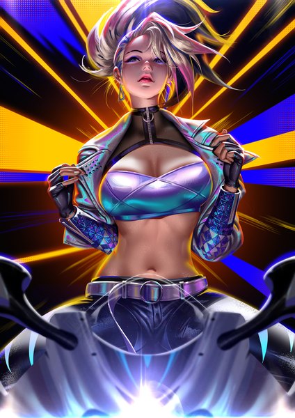 Anime-Bild 3000x4243 mit league of legends k/da (league of legends) akali (league of legends) the baddest akali liang xing single long hair tall image looking at viewer fringe highres breasts open mouth blue eyes light erotic blonde hair sitting ponytail long sleeves multicolored hair