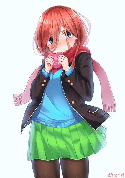 Anime picture 2480x3508 with go-toubun no hanayome nakano miku honorikiti single long hair tall image looking at viewer blush fringe highres blue eyes simple background hair between eyes brown hair holding signed long sleeves pleated skirt open clothes open jacket