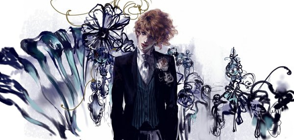 Anime picture 1147x547 with original sackcloth&ashes single looking at viewer fringe short hair blonde hair wide image standing grey eyes hands in pockets curly hair boy flower (flowers) necktie suit
