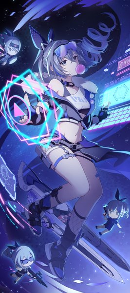 Anime picture 2048x4597 with honkai: star rail honkai (series) silver wolf (honkai: star rail) zcing single long hair tall image fringe highres hair between eyes full body ponytail grey hair grey eyes drill hair goggles on head bubble blowing girl gloves shorts