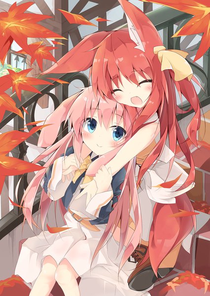 Anime picture 1065x1500 with original kushida you long hair tall image blush fringe open mouth blue eyes hair between eyes multiple girls animal ears pink hair red hair eyes closed :d from above fang (fangs) bunny ears sleeveless hug