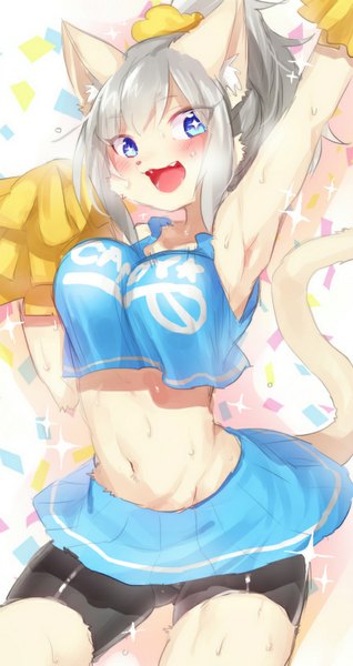 Anime picture 530x1000 with original suurin (ksyaro) single long hair tall image blush breasts blue eyes light erotic blonde hair smile animal ears grey hair cat ears bare belly armpit (armpits) cat girl cheerleader girl skirt