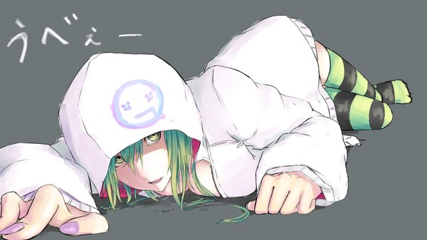 Anime picture 3072x1728 with original jikeshi single long hair looking at viewer highres breasts open mouth simple background wide image green eyes lying nail polish green hair grey background girl thighhighs jacket hood striped thighhighs