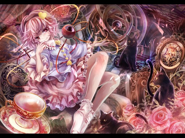 Anime picture 1200x895 with touhou komeiji satori torino aqua single looking at viewer blush short hair red eyes pink hair letterboxed girl dress flower (flowers) socks hairband white socks cat eyeball