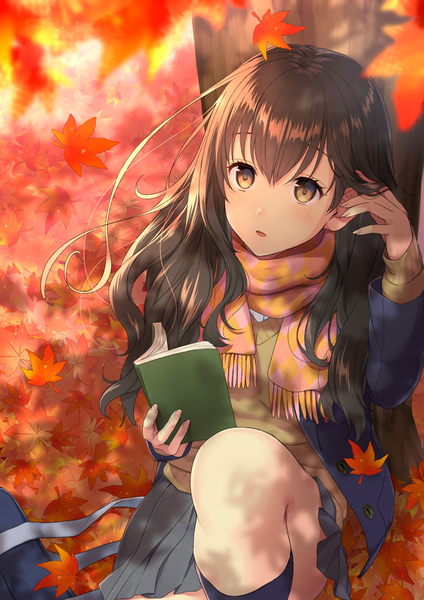 Anime picture 1000x1414 with original daidai jamu single long hair tall image looking at viewer blush fringe open mouth hair between eyes brown hair sitting holding brown eyes pleated skirt from above blurry open clothes :o autumn