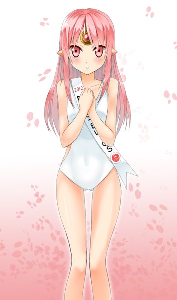 Anime picture 1772x3000 with elsword apple (elsword) uke (artist) single long hair tall image looking at viewer blush highres light erotic pink hair pink eyes pointy ears legs flat chest girl swimsuit