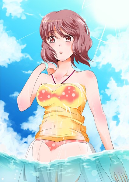 Anime picture 3036x4299 with original yutaka single tall image blush highres short hair light erotic bare shoulders looking away absurdres sky cloud (clouds) red hair grey eyes wet clothes girl underwear panties water
