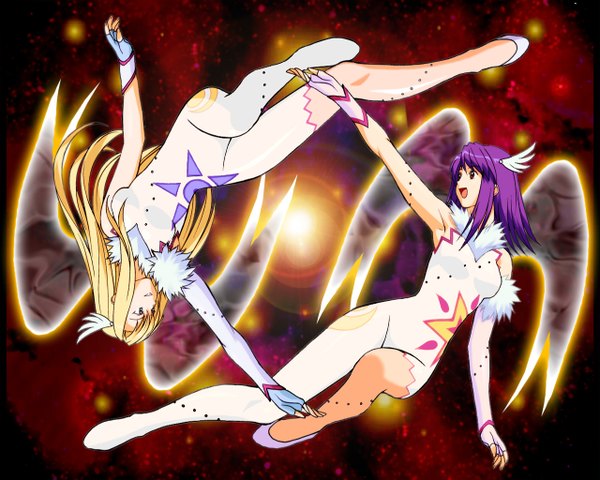 Anime picture 1280x1024 with kaleido star gonzo naegino sora layla hamilton a1 long hair open mouth blue eyes blonde hair smile red eyes multiple girls purple hair full body :d fur trim light third-party edit head wings girl