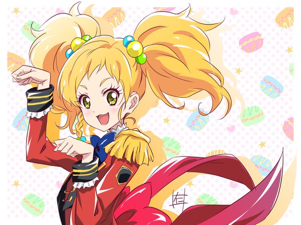 Anime picture 2046x1536 with aikatsu! aikatsu stars! nikaidou yuzu nii manabu single looking at viewer blush highres short hair open mouth blonde hair twintails green eyes signed upper body :d short twintails paw pose girl sleeve cuffs