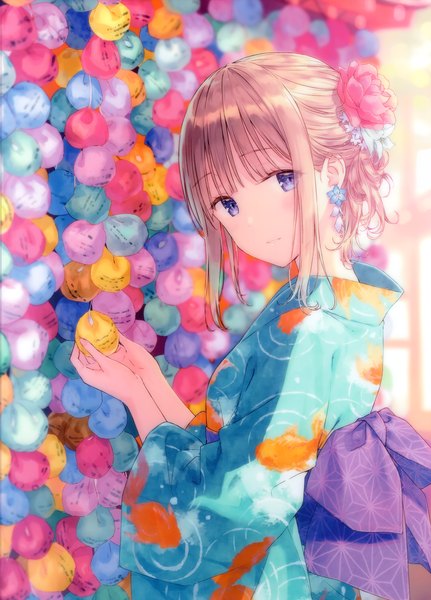 Anime picture 2480x3455 with original hiten (hitenkei) single tall image looking at viewer blush fringe highres short hair blonde hair standing purple eyes holding payot blunt bangs traditional clothes parted lips japanese clothes hair flower light smile