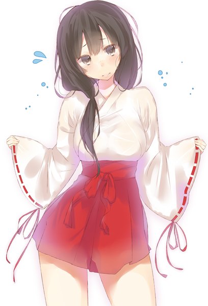Anime picture 1272x1870 with original kurean (artist) single long hair tall image blush black hair brown eyes traditional clothes miko girl