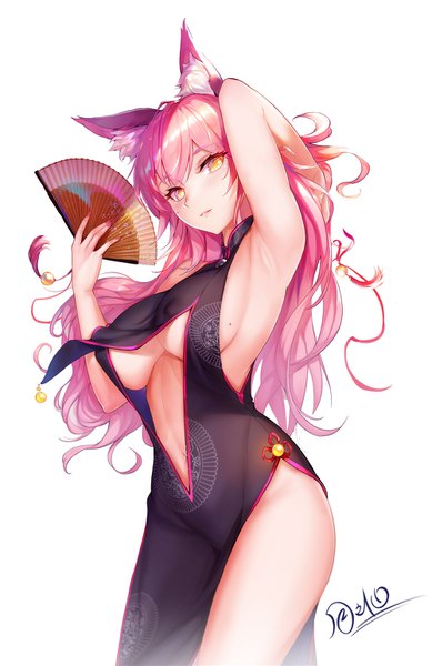 Anime picture 1000x1540 with fate (series) fate/grand order tamamo (fate) (all) koyanskaya tsuki no i-min single long hair tall image looking at viewer blush fringe breasts light erotic simple background standing white background holding signed animal ears yellow eyes