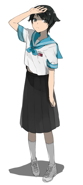 Anime picture 592x1314 with kantai collection mogami heavy cruiser hita (hitapita) single tall image short hair black hair simple background white background looking away from above black eyes alternate costume hand on head girl uniform socks serafuku white socks