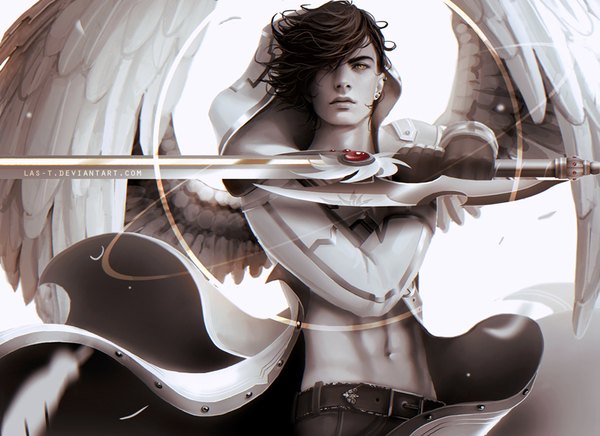 Anime picture 920x670 with las-t (artist) single fringe short hair black hair holding lips hair over one eye realistic bare belly orange eyes watermark eyebrows muscle white wings boy gloves navel weapon sword