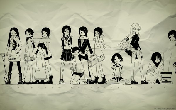 Anime picture 1680x1050 with sayonara zetsubou sensei shaft (studio) kitsu chiri fuura kafuka kimura kaere kobushi abiru tsunetsuki matoi hitou nami otonashi meru fujiyoshi harumi kaga ai sekiutsu tarou mitama mayo kino kuniya wide image white background