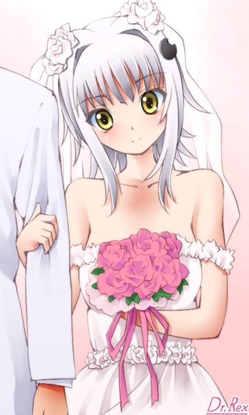 Anime picture 480x800 with highschool dxd toujou koneko taketatsu ayana dr rex tall image looking at viewer blush fringe short hair simple background hair between eyes standing holding signed yellow eyes silver hair head tilt hair flower light smile off shoulder