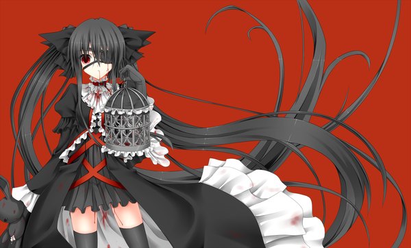 Anime picture 1920x1160 with original shouyan single highres black hair simple background red eyes wide image twintails very long hair red background girl thighhighs dress gloves bow black thighhighs hair bow elbow gloves blood
