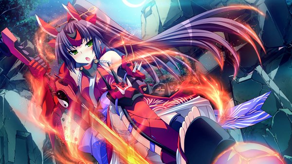 Anime picture 1024x576 with kouyoku no soleil skyfish (studio) long hair blush open mouth black hair wide image green eyes game cg ponytail legs girl weapon sword fire