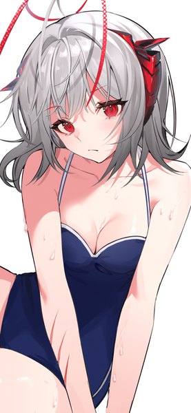 Anime-Bild 1080x2340 mit arknights w (arknights) he (cayd3375) single tall image looking at viewer blush fringe short hair breasts light erotic simple background red eyes white background sitting cleavage ahoge blunt bangs head tilt horn (horns)