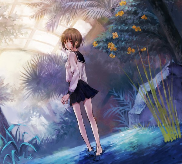 Anime picture 1236x1118 with original fukahire (ruinon) single looking at viewer fringe short hair red eyes brown hair looking back barefoot girl uniform plant (plants) school uniform tree (trees) water palm tree stone (stones) bamboo