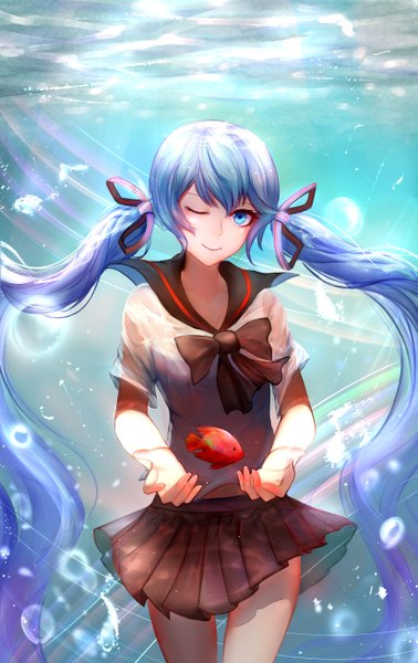 Anime picture 1650x2614 with vocaloid hatsune miku bottle miku yuuko single tall image looking at viewer blue eyes smile blue hair very long hair one eye closed wink underwater liquid hair girl skirt ribbon (ribbons) hair ribbon miniskirt