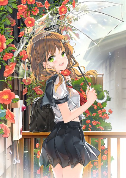 Anime picture 1768x2500 with original juna single long hair tall image looking at viewer blush fringe highres open mouth smile brown hair standing twintails holding green eyes outdoors :d pleated skirt teeth