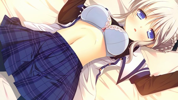 Anime picture 1280x720 with clover day's single looking at viewer blush short hair blue eyes light erotic wide image game cg white hair girl skirt navel lingerie bra