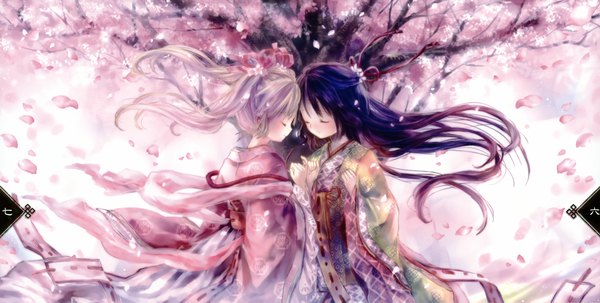 Anime picture 3451x1747 with onineko long hair highres wide image multiple girls blue hair absurdres white hair japanese clothes cherry blossoms girl ribbon (ribbons) 2 girls plant (plants) petals tree (trees) kimono