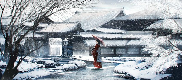 Anime picture 2000x888 with original swav single long hair looking at viewer fringe highres black hair wide image standing holding sky full body outdoors traditional clothes japanese clothes looking back black eyes snowing winter