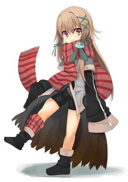 Anime picture 1000x1414 with original mahcdai single long hair tall image blush fringe simple background hair between eyes brown hair standing purple eyes full body long sleeves light smile wide sleeves shadow standing on one leg leg lift (legs lift) girl