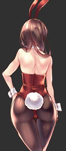 Anime picture 439x1000 with original amane ruri single long hair tall image light erotic black hair simple background bare shoulders animal ears ass tail animal tail bunny ears hand on hip black background bunny girl bunny tail girl pantyhose
