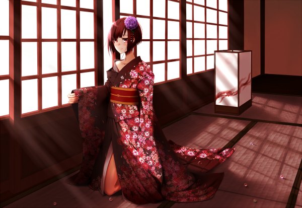 Anime picture 1200x826 with original kokoro6636 single looking at viewer blush short hair black hair red eyes traditional clothes japanese clothes girl hair ornament kimono obi