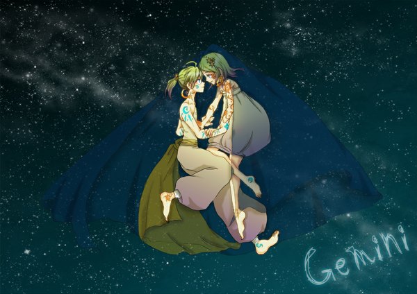 Аниме картинка 1170x827 с вокалоид кагаминэ рин кагаминэ лен maka* (artist) зелёные волосы татуировка космос девушка звезда (звёзды)