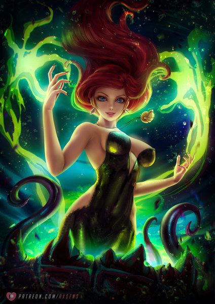 Anime picture 3532x5000 with the little mermaid disney ariel axsen single long hair tall image looking at viewer highres breasts blue eyes light erotic large breasts signed absurdres cleavage red hair nail polish realistic floating hair