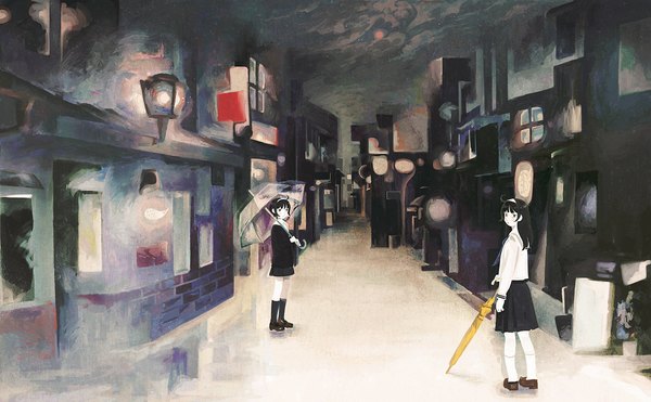 Anime picture 1132x700 with original kumaori jun long hair looking at viewer short hair black hair wide image multiple girls ahoge black eyes night city closed umbrella girl 2 girls socks serafuku hairband black socks building (buildings)