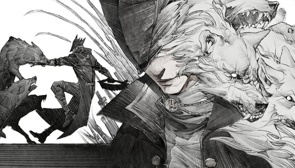Anime picture 1496x852 with bloodborne from software hunter (bloodborne) megasus short hair wide image holding full body upper body monochrome multiview boy hat animal wolf