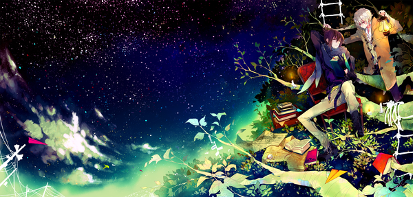 Anime picture 2350x1125 with no.6 studio bones nezumi (no.6) shion (no.6) kuon (uzausa) highres red eyes wide image purple hair cloud (clouds) white hair night night sky facial mark face paint gloves jacket scarf book (books) star (stars)