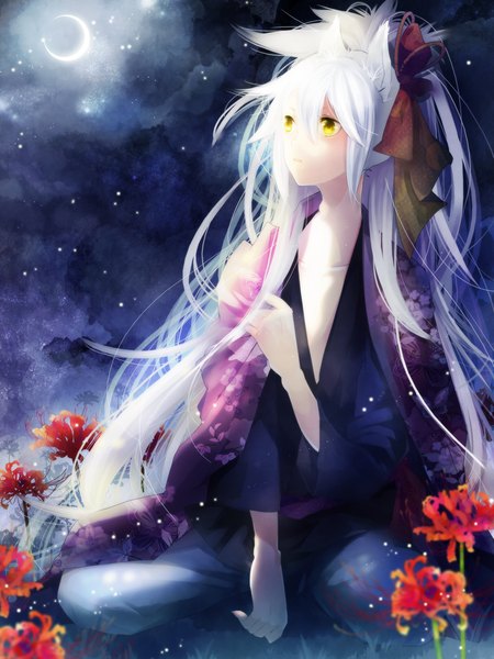Anime picture 750x1000 with original yuukichi single long hair tall image fringe sitting animal ears looking away sky white hair traditional clothes japanese clothes night night sky fox ears looking up crescent girl flower (flowers)