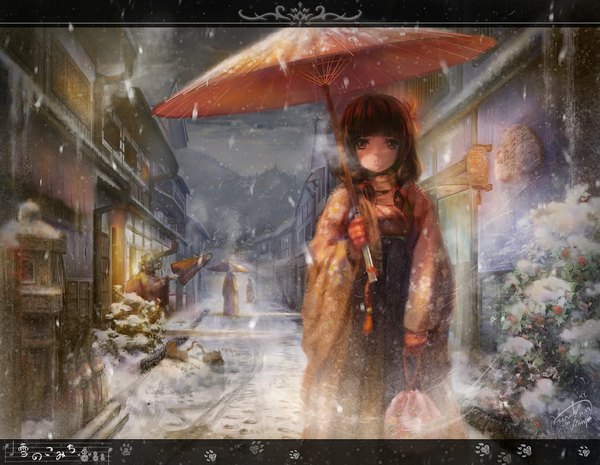 Anime picture 1100x854 with original miyai haruki long hair looking at viewer fringe brown hair standing holding brown eyes traditional clothes night snowing winter snow exhalation steam paw print footprints girl gloves