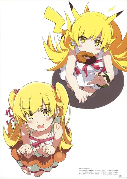 Anime picture 2473x3500 with pokemon bakemonogatari shaft (studio) nintendo monogatari (series) milky been! (ogipote) - cue (artbook) oshino shinobu pikachu ogipote long hair tall image looking at viewer highres blonde hair white background twintails multiple girls holding yellow eyes pointy ears