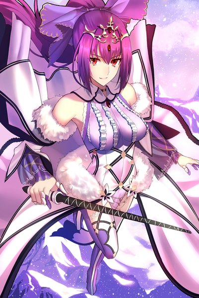 Anime picture 1001x1495 with fate (series) fate/grand order scathach (fate) (all) scathach skadi (fate) shiguru single long hair tall image looking at viewer fringe breasts smile hair between eyes red eyes holding payot sky purple hair cloud (clouds) full body