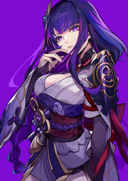 Anime picture 919x1300 with genshin impact raiden shogun pokimari single long hair tall image looking at viewer fringe breasts simple background standing purple eyes cleavage purple hair blunt bangs braid (braids) nail polish traditional clothes parted lips japanese clothes