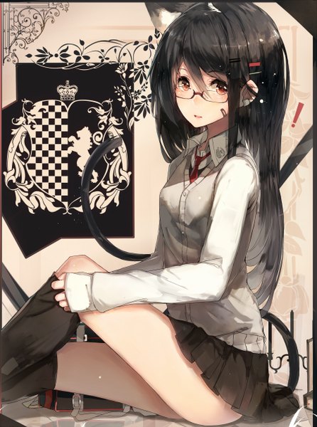 Anime picture 900x1210 with original hadean92 single long hair tall image looking at viewer black hair red eyes sitting animal ears tail animal tail cat ears cat girl cat tail dressing ! girl thighhighs uniform