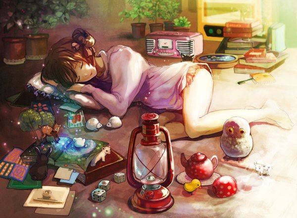 Anime picture 1500x1100 with original saya (mychristian2) long hair fringe brown hair lying eyes closed barefoot light smile sleeping girl flower (flowers) plant (plants) animal book (books) toy lamp
