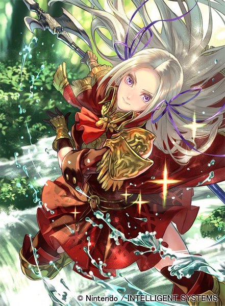 Anime picture 596x811 with fire emblem fire emblem: three houses fire emblem cipher nintendo edelgard von hresvelg suzuki rika (artist) single long hair tall image looking at viewer smile standing purple eyes holding payot silver hair outdoors wind official art sparkle